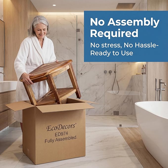 EcoDecors Fully Assembled SnazzyCorner® 18" Teak Shower Bench, Corner Shower Stool, w Shelf in Earthy Teak Finish, Compact Fit for Small Bathrooms & Walk-in Showers – Slip-Resistant Feet