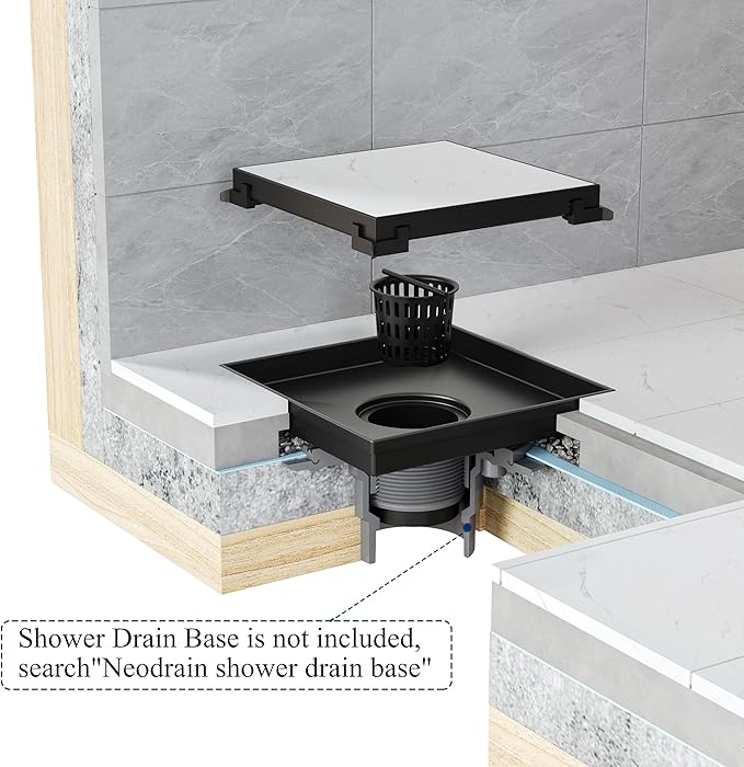 Neodrain 4-Inch Square Shower Drain with Removable Tile Insert Grate, 304 Stainless Steel, Includes Shower Drain Base Hair Strainer, Matte Black