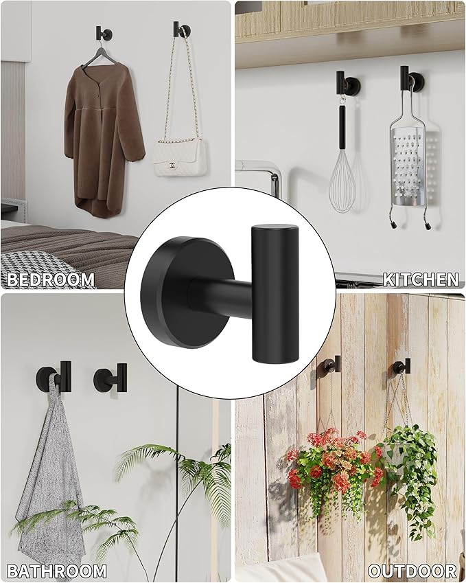 Black Bathroom Towel Hook, Coat Robe Clothes Hook for Kitchen Garage Wall Mounted 4 Pack, 304 Stainless Steel, Heavy Duty Door Hanger, Cabinet Closet Wall Hook for Hotel Pool (Matte Black)