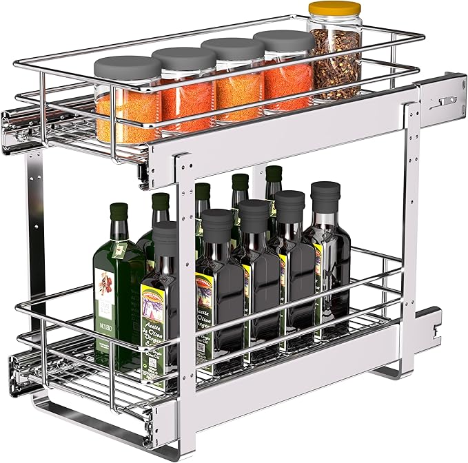 (8" W x 22" D 2-Tier Narrow Cabinet Pull Out Shelves | Heavy Duty Slide Out Shelves for Kitchen Cabinets, 22 Inch Deep Under Cabinet Organizer, Chrome