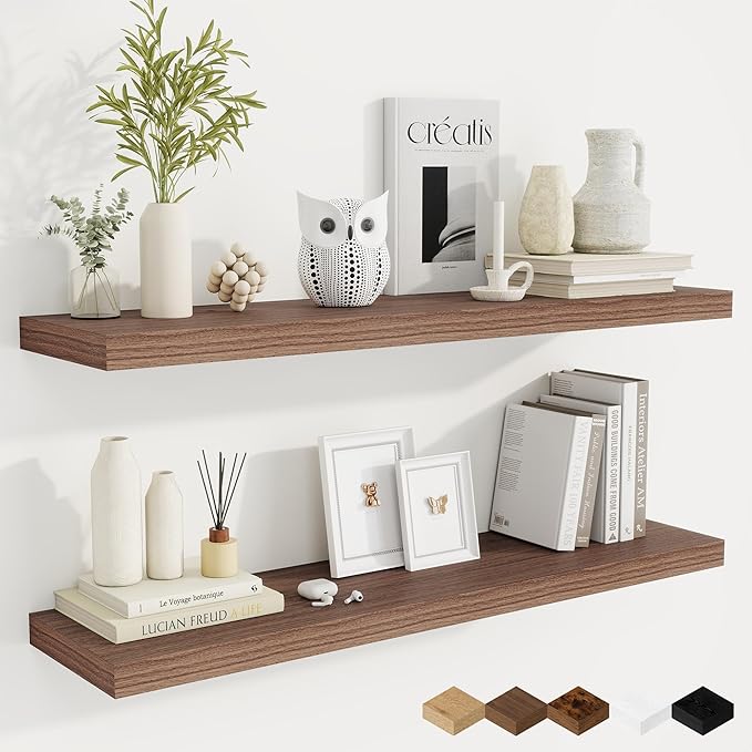 Fun Memories 40" Rustic Wood Floating Shelves with Invisible Brackets for Storage & Decor, Deep Wall Mounted Shelves for Bathroom, Kitchen, Living Room (Walnut, Set of 2)