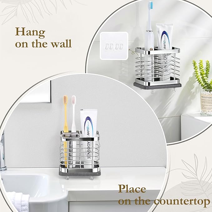 Shinowa Toothbrush Holder Wall Mounted for Bathroom, Stainless Steel Electric Toothbrush Toothpaste Holder with Fast Dry Tray, 2 Slots Adhesive and Countertop Bathroom Accessories Organizer, Silver