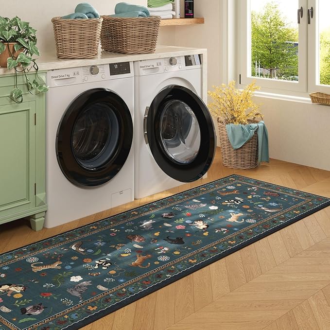 Rugcomf Runners for Kitchen Runner Rug Non Slip 2'x10' Long Washable Rugs with Rubber Backing Soft Floral Animal Cat Carpet Runner for Kitchen Laundry Bedroom Bathroom, Pearl Gentian Blue