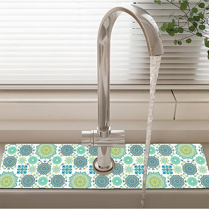 Patterned Sink Faucet Mat Kitchen Splash Guard Super Absorbent Drying Mat, Non-Slip Drain Pad for Kitchen Counter or Bathroom-15x5.5in