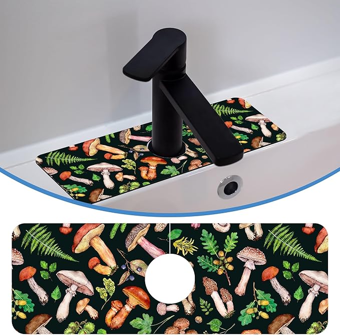 Mushroom Fern Leave Acorn Faucet Mat for Kitchen Sink Watercolor Forest, Soft Diatom Mud Material, Strong Water Absorption, Non-slip, Easy to Clean for Bathroom, Kitchen 15"X5.5"