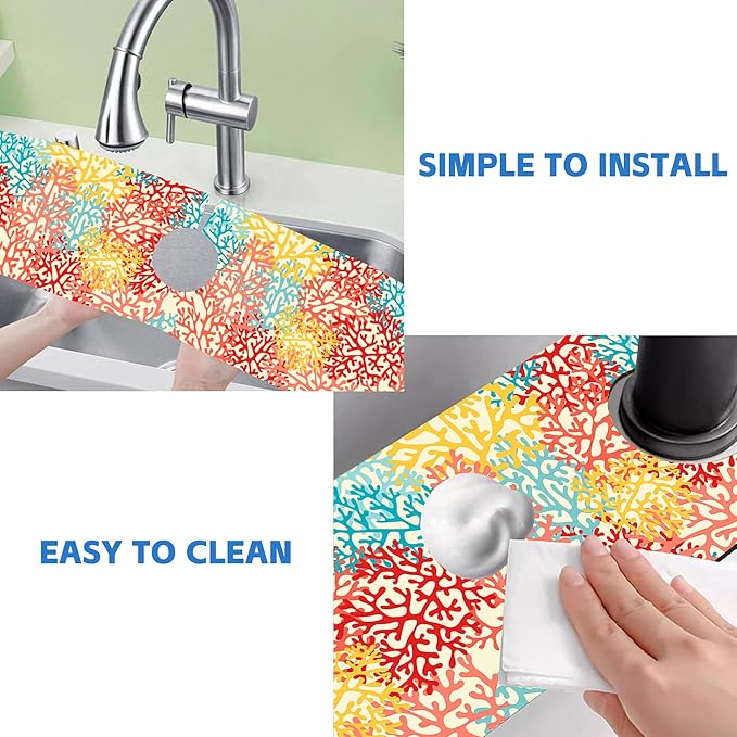 Colorful Sea Corals Dish Drying Mat for Kitchen Sink Splash Guard Behind Faucet Sink Mat Absorbent Fast Drying Faucet Draining Mat for Bathroom Kitchen 5.5"×24"