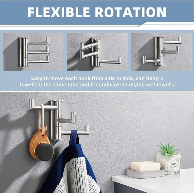 Suyar Bathroom Towel Hook 3 Arms, SUS 304 Stainless Steel Swivel Coat Robe Holder, Towel Hanger Wall Mounted, Brushed Nickel