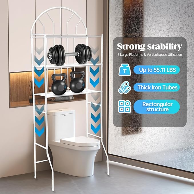 3-Tier Over The Toilet Storage Rack – Sturdy Metal Bathroom Organizer Shelf with 55 lbs Capacity, Freestanding Over Toilet Shelf Space Saver for Towels, Toiletries & Laundry, White