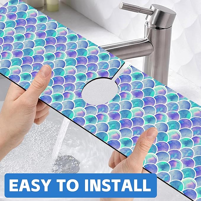 Watercolor Rainbow Scales Sink Faucet Absorbing Mat Sink Splash Guard Faucet Mat Draining Mat Fast Drying Sink Protectors for Kitchen and Bathroom 5.5"×24"