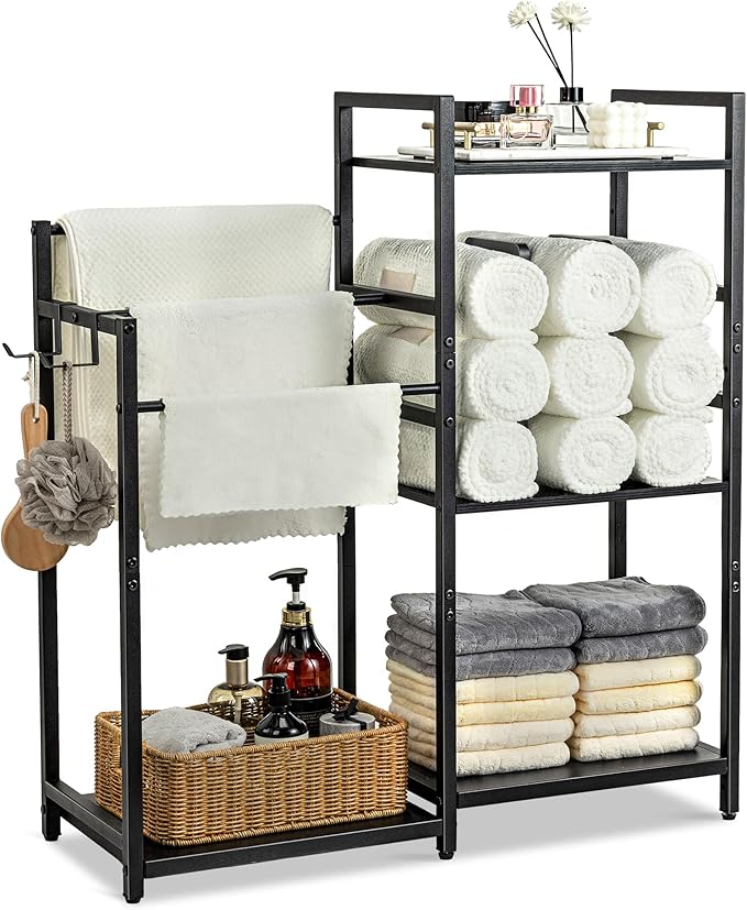 Aquzee Standing Towel Racks for Bathroom, 3-Tier Hand Towel Holder Organizers, Towel Drying Rack Stand, U-Shaped Removable Dividers Towel Storage for Rolled Folded Drying Towels, Black