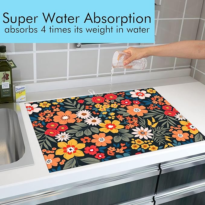 Large Dish Drying Mat for Kitchen Counter,18"X24" Colorful Flowers And Plants Absorbent Reversible Microfiber Dish Drying Mat Dish Drainer Mat,Dishes Mat Drying Pad for Kitchen Countertop Coffee Bar