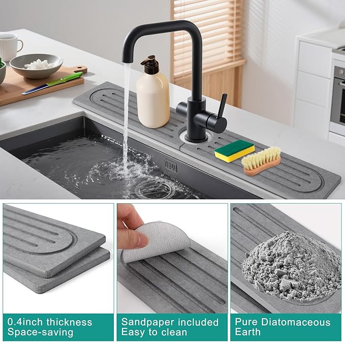 23.6”Drying Stone Faucet Mat for Kitchen Sink-Diatomite Quick Dry Kitchen Sink Splash Guard, Water Absorbent Diatomite Stone Tray,Durable Protector for Bathroom Counter (Grey, 23.6" X 3.9")