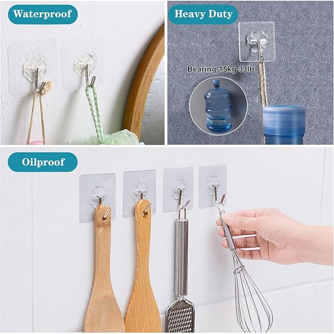 Wall Hooks 33lb(MAX) Heavy Duty Self Adhesive Hooks 10 Pack,Waterproof and Oilproof,Transparent Seamless Hooks Strong,Suitable for Bathroom Kitchen