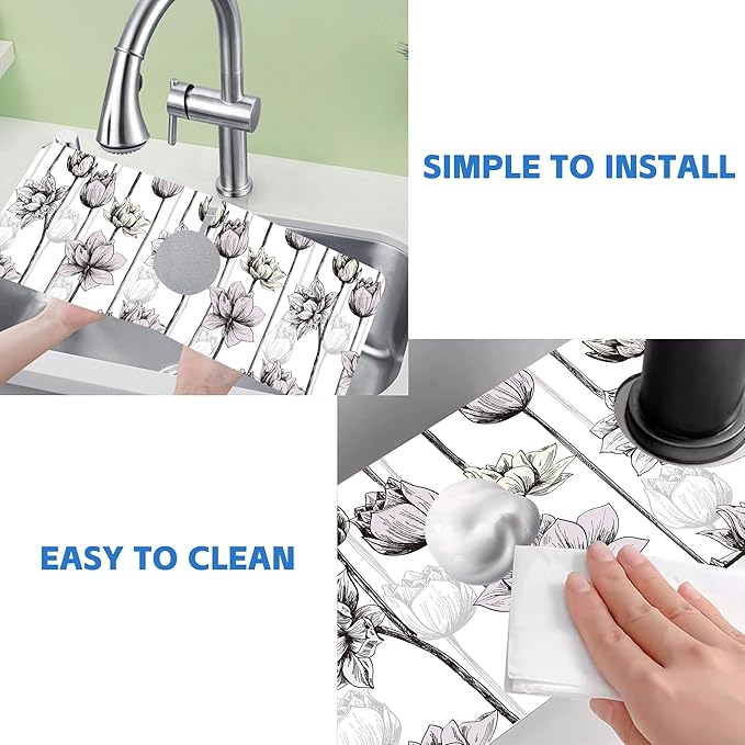 Water Lily Flower Kitchen Sink Splash Guard Mat Absorbent Fast Drying Mat Faucet Draining Mat Sink Splash Guard Behind Faucet Drip Catcher for Kitchen Bathroom 5.5"×15"