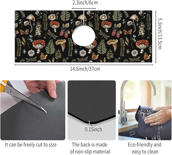 Absorbent Splash Guard Mat for Kitchen Sink, 15×5.5 Inch Cute Fast Drying Drip Catcher Behind Faucet Mat, Non-Slip, Washable Sink Mat Gadgets for Bathroom, Kitchen, Bar Vantage Mushrooms