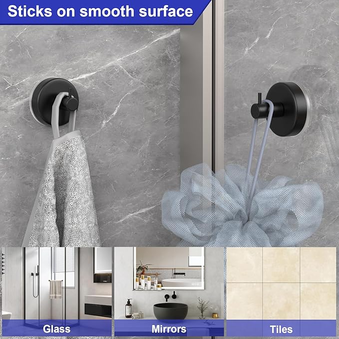 HUFEEOH Suction Cup Hooks for Shower, 4 Pack Removable Towel Holder Wall Hooks for Inside Shower, No Drill Towel Hooks for Bathroom Hanger Wall Mount (Black)