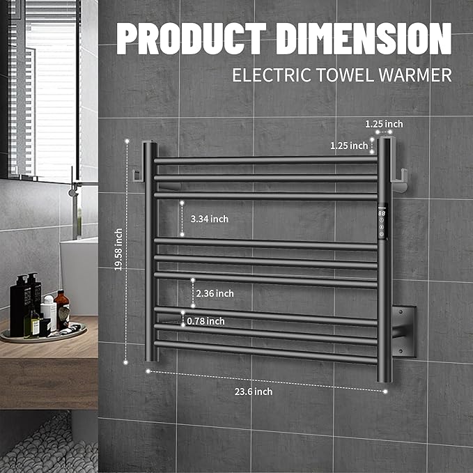 K&KALONZO Towel Warmer for Bathroom, Wall-Mounted 9-Bar Heated Towel Rack with Built-in Timer, Waterproof Electric Towel Heater, Support Plug-in and Hardwired, Matte Black, EL13S
