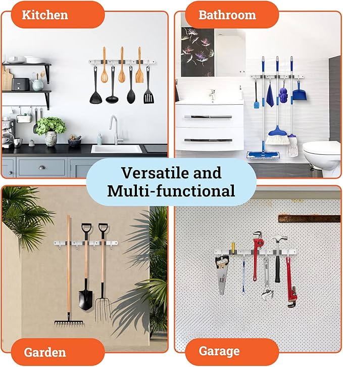 Mop and Broom Holder Wall Mount – Heavy-Duty Closet Organizer for Garage, Kitchen, Laundry Organization – Tool Hanger with 3 racks and 4 hooks