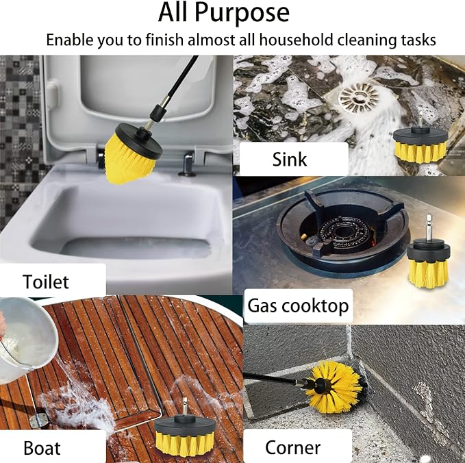 Drill Brush Attachment Set, 7 Pack 1/4in Power Scrubber Brush + Extend Long Rod, Brush Drill Attachment, Power Cleaning Scrub Brush for Bathroom, Tub, Tile, Corner, Floor（Black）