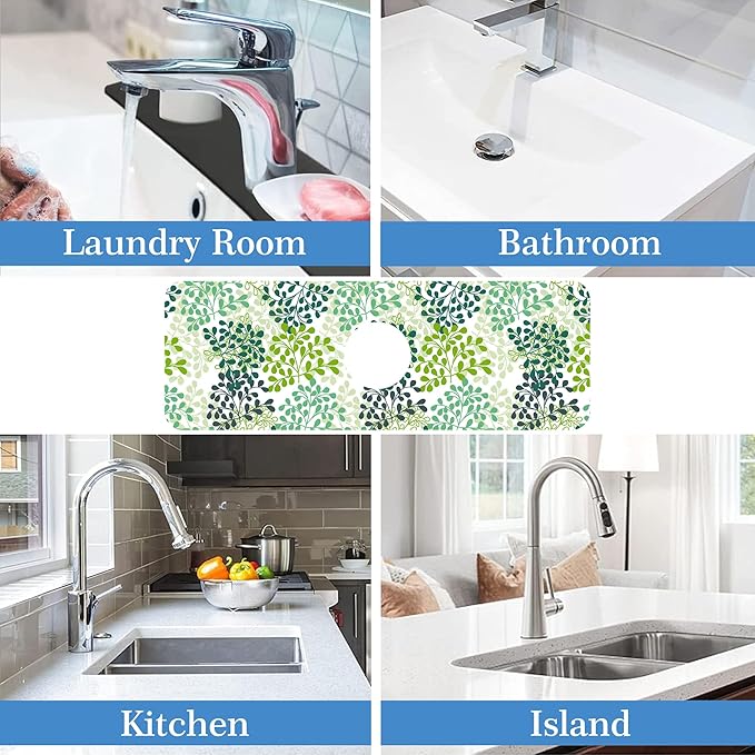 Green Leafy Faucet Mat for Kitchen Sink Verdant Vein, Soft Diatom Mud Material, Strong Water Absorption, Non-slip, Easy to Clean for Bathroom, Kitchen 15"X5.5"