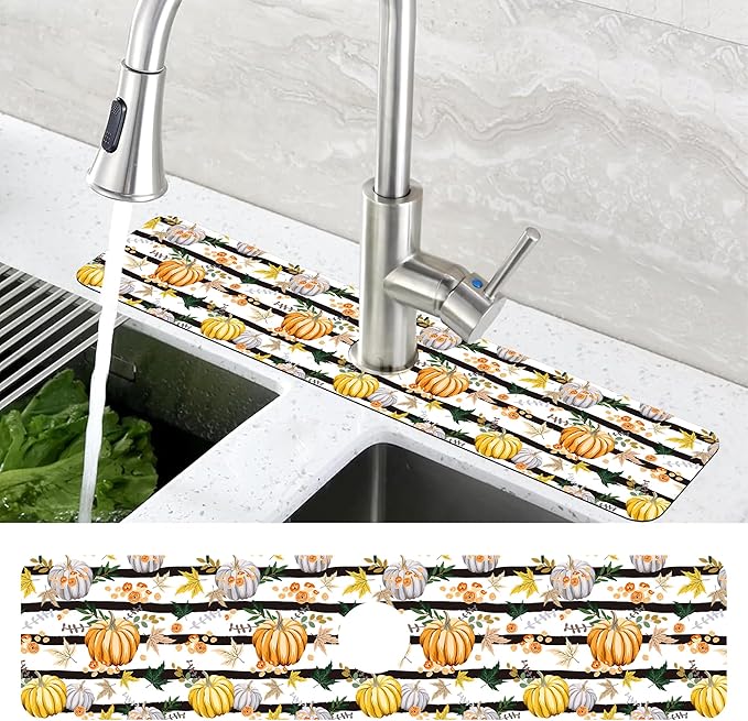 Thanksgiving Sink Faucet Absorbing Mat Autumn Pumpkin Floral Absorbent Fast Drying Mat Faucet Draining Mat Sink Splash Guard Behind Faucet Drip Catcher for Kitchen Bathroom 5.5"×24"