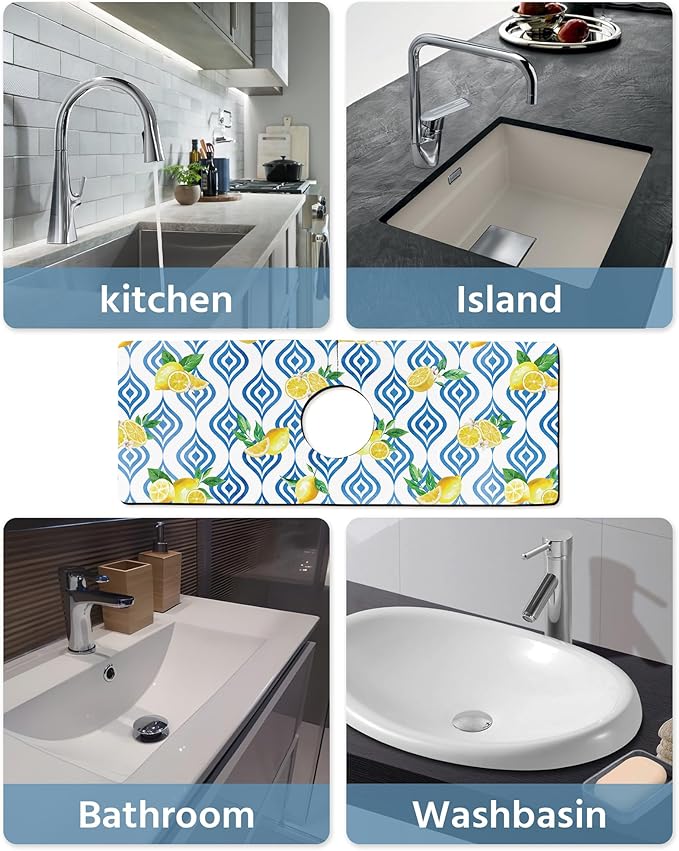 Patterned Sink Faucet Mat Kitchen Splash Guard Super Absorbent Drying Mat, Non-Slip Drain Pad for Kitchen Counter or Bathroom-15x5.5in