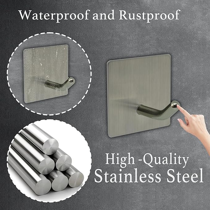 Self-Adhesive Coat Hooks, Stainless Steel Heavy Duty Wall Hooks, Towel Hooks for Hanging Robes, Shower, Coats and Hats in Bathrooms,Kitchens and Hotels(4 Pack, Silver)