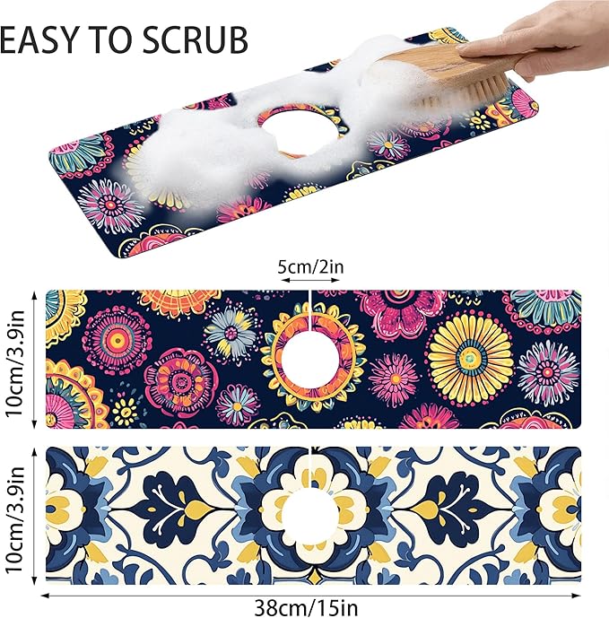 Bimkole 2 PCS Faucet Absorbent Mat, Kitchen Faucet Sink Splash Guard Wraparound Cloth Pads Drip Catcher for Sink Faucet for Kitchen Bathroom Faucet, Colorful Faucet Mat, 15 x 4 Inch Flower A6