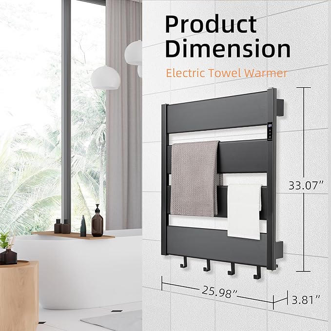 K&KALONZO Towel Warmer for Bathroom, Wall-Mounted Heated Towel Rack with Built-in Timer, Waterproof Alumnimum Electric Towel Heater, Support Plug-in and Hardwired, Black, H4-B