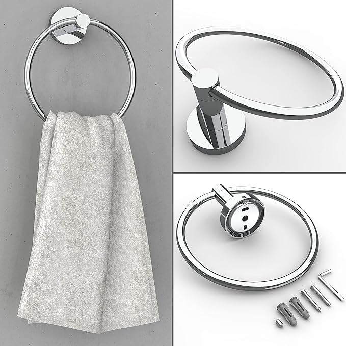 Polished Finish Toilet Paper Holder & Towel Ring SUS304 Stainless Steel 2pc Bathroom Hardware Set with Double Post Pivoting Toilet Paper Roll Holder Wall Mount & Bathroom Towel Holder Set