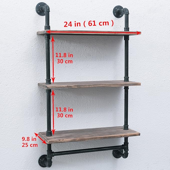 MBQQ 3 Tier Shelving Bathroom Pipe Shelves with Towel Bar Over Toilet, 24 inch Pine Wood Floating Shelves for Wall Mounted Bedroom,Kitchen, Farmhouse, Living Room