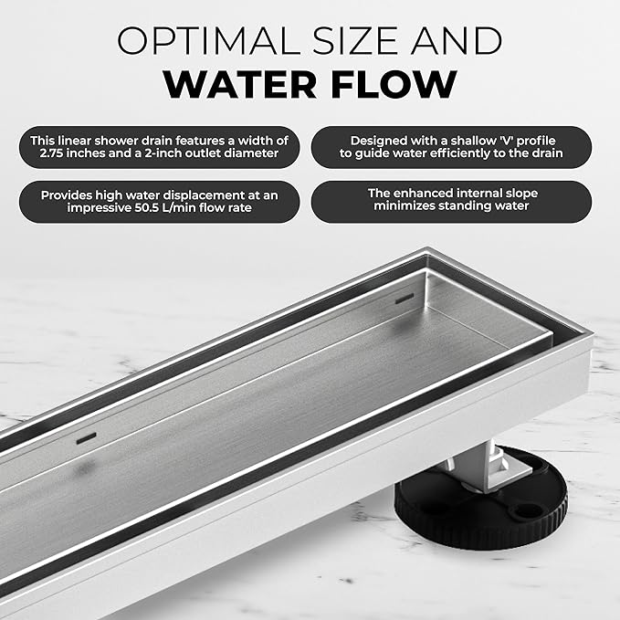 36 Inch Rectangular Linear Shower Drain Set with Reversible Flat & Tile Insert Cover, 304 Stainless Steel Bathroom Floor Drain with Hair Catcher, Shower Floor Drain Includes Adjustable Leveling Feet