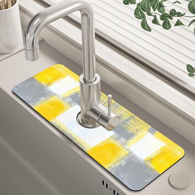 Grey and Yellow Abstract Kitchen Sink Splash Guard Mat Absorbent Fast Drying Mat Faucet Draining Mat Sink Splash Guard Behind Faucet Drip Catcher for Kitchen Bathroom 5.5"×15"