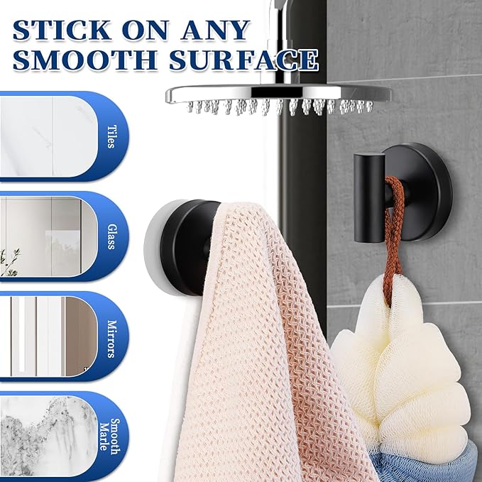Suction Cup Hooks No Drill Stainless Steel Shower Hooks Towel Hook Robe Hook Heavy Duty on Smooth and Non-Porous Surfaces in Bathrooms Kitchen Bedroom (2, Matte Black)