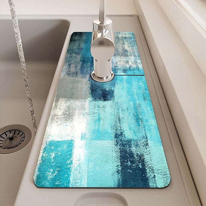 MCALK Turquoise Kitchen Sink Faucet Mat Splash Guard, Absorbent Quick-Dry Kitchen Sink Mat - Ideal for Splash Guard & Drip Catching with Abstract Art Decor( 1pc 15"x5.5")
