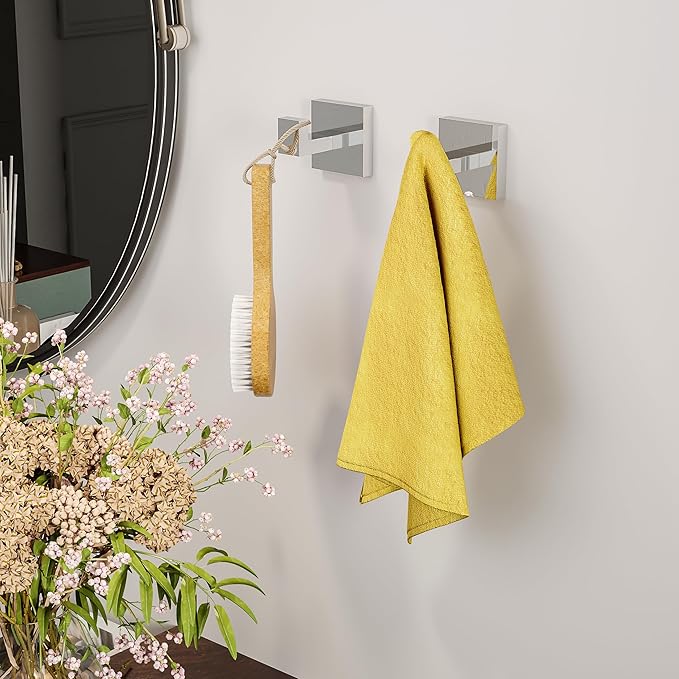 Ruacq Towel Hooks for Bathrooms, Heavy Duty Stainless Steel Square Bathroom Hooks, Wall Mounted Towel Hanger for Robe & Coat, Ideal for Kitchen, Bedroom, and Hotel Use(Chrome, 2 Pack)