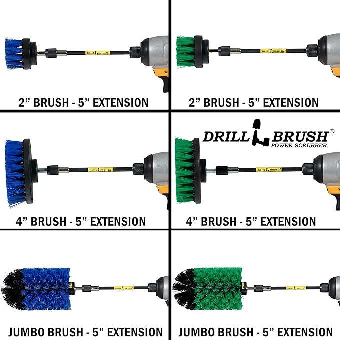 7 Piece Drillbrush Bundle - Kitchen Cleaning Brush Drill Attachments - Pool Cleaning Brush - Extension Attachment for Drill - Aquarium Cleaning - Oven Cleaner - Tile - Grout