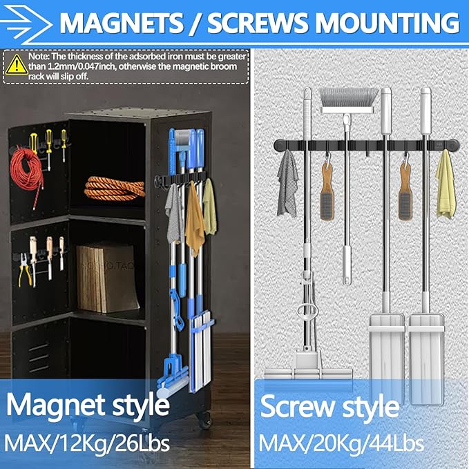 3-H Magnetic Broom Holder Wall Mount 1 Pack, 2-in-1 Dual Mount (No Drill or Screw Fix), 304 Stainless Steel Heavy Duty Magnet Mop Broom Organizer for Kitchen Garden Garage(4 Racks & 5 Hooks,Black)