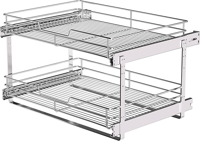 (23" W x 22" D Cabinet Pull Out Shelves, 2-Tier | Heavy Duty Kitchen Pull Out Shelves for Wide Cabinets, 22 Inch Deep Sliding Cabinet Organizer