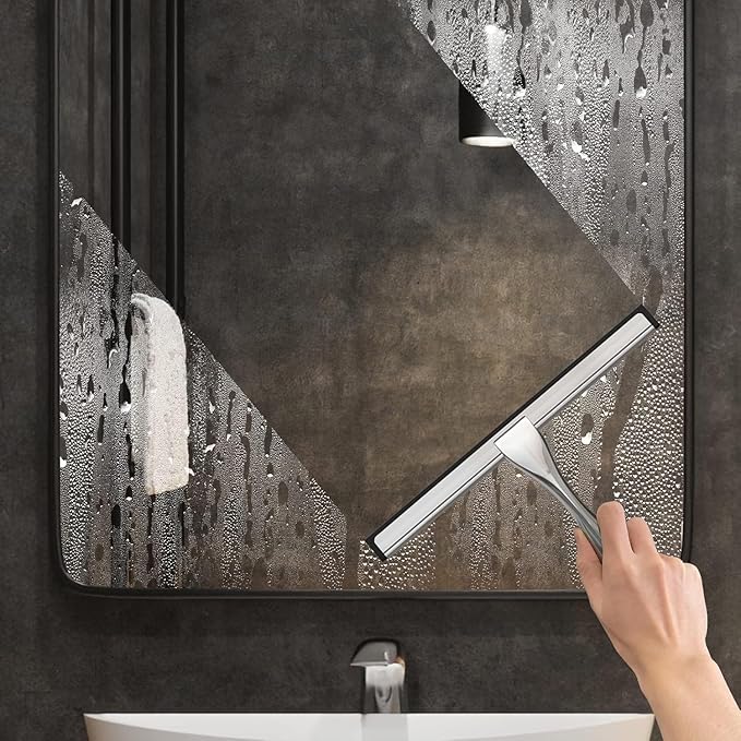 Stainless Steel Shower Squeegee with an Adhesive Hook, 10 Inch Bathroom Glass Door Cleaner, Multi-Purpose Window, Mirror, Tile, and Car Cleaning Tool – Silver