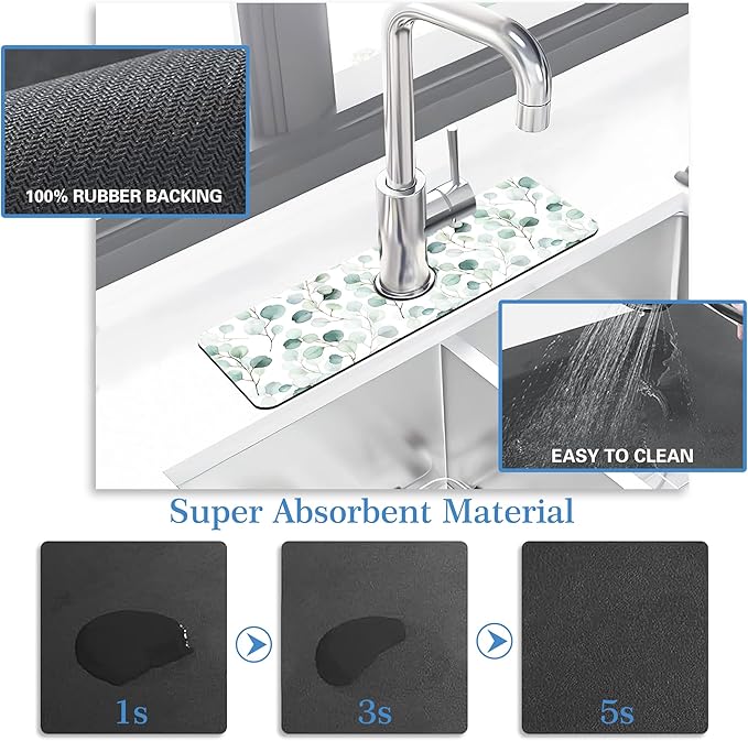 Faucet Mat for Kitchen Sink Watercolor Green Leave Branche, Soft Diatom Mud Material, Strong Water Absorption, Non-slip, Easy to Clean for Bathroom, Kitchen 15"X5.5"
