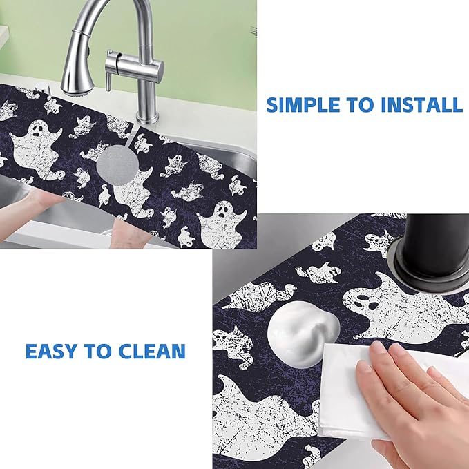 Halloween Vintage Ghost Dish Drying Mat for Kitchen Sink Splash Guard Behind Faucet Sink Mat Absorbent Fast Drying Faucet Draining Mat for Bathroom Kitchen 5.5"×24"
