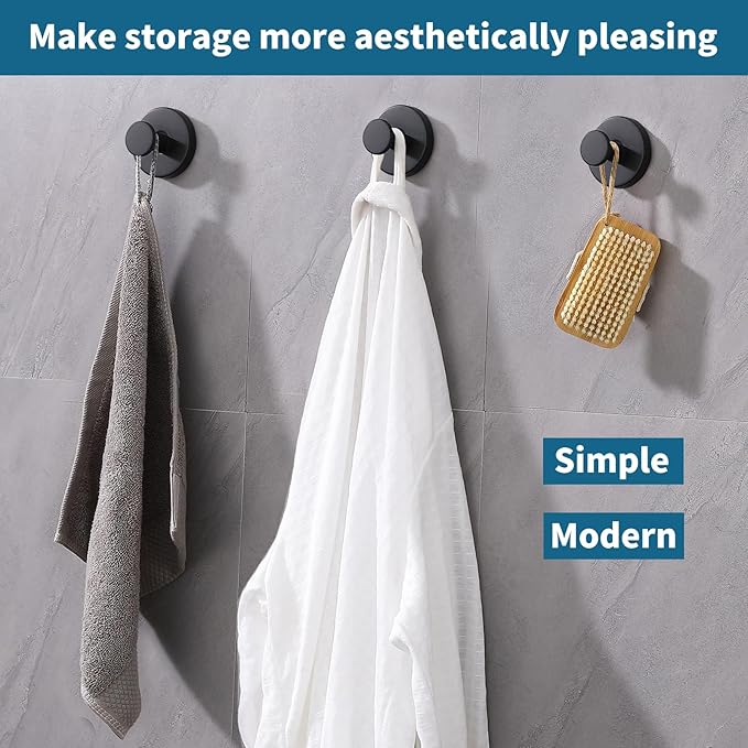 Suction Cup Hooks for Shower 2 Pack Stainless Steel No Drill Removable Waterproof Rustproof for Bathroom Kitchen Glass Mirror Tile to Hang Towels Robes Loofah Wreath (Matte Black)