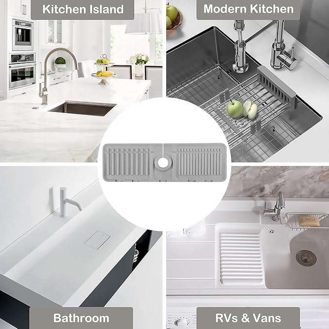 Faucet Mat for Kitchen Sink - 2024 Premium Upgrade: Enhanced Silicone Splash Guard with Rapid Drying & Dish Soap Sponge Holder, Perfect for Stone Sinks in Kitchen & Bathroom (Gray, 1 PCS)