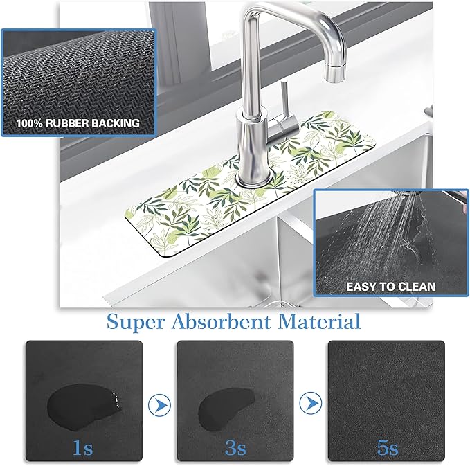 Faucet Mat for Kitchen Sink Artistic Green Leave Branche, Soft Diatom Mud Material, Strong Water Absorption, Non-slip, Easy to Clean for Bathroom, Kitchen 15"X5.5"