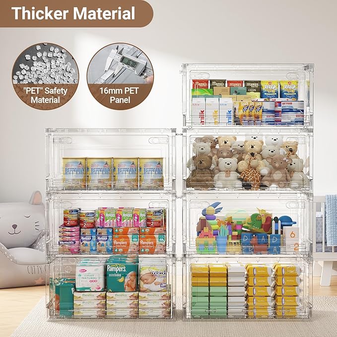 BROVIEW 80Qt Stackable Storage Bins with Lids Wheels, XL Clear Plastic Drawers Foldable Closet Organizers and Storage Cabinet Display Box Shelves with Front & Back Doors, for Home Office Garage,1Pack