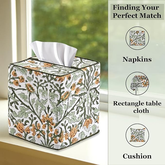 Ridhi Goldenrod Yellow Block Print Tissue Box Cover – Handmade Cotton Fabric Tissue Holder for Home Bedroom Living Room Bathroom Vanity Car Nightstand Office Kitchen – Decorative Square Napkin Holder