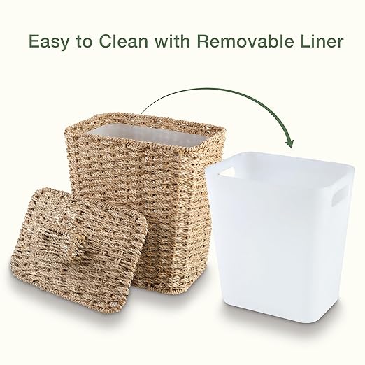 Wicker Trash Can with Lid and Liner - Rattan Trash Can for Bathroom - Decorative Wicker Waste Basket for Bedroom, Kitchen and Office (Natural Seagrass)