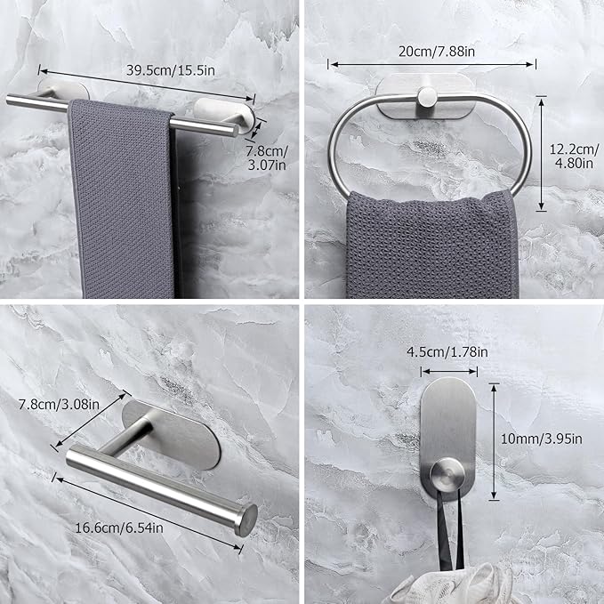 JiGiU Self Adhesive Towel Bar, Bathroom Hardware Set Include 16-Inch Bath Towel Bar,Toilet Paper Holder Towel Ring & 3 Packs Towel Hooks Stainless Steel Wall Mount No Drill Sticky on Towel Holder Kit
