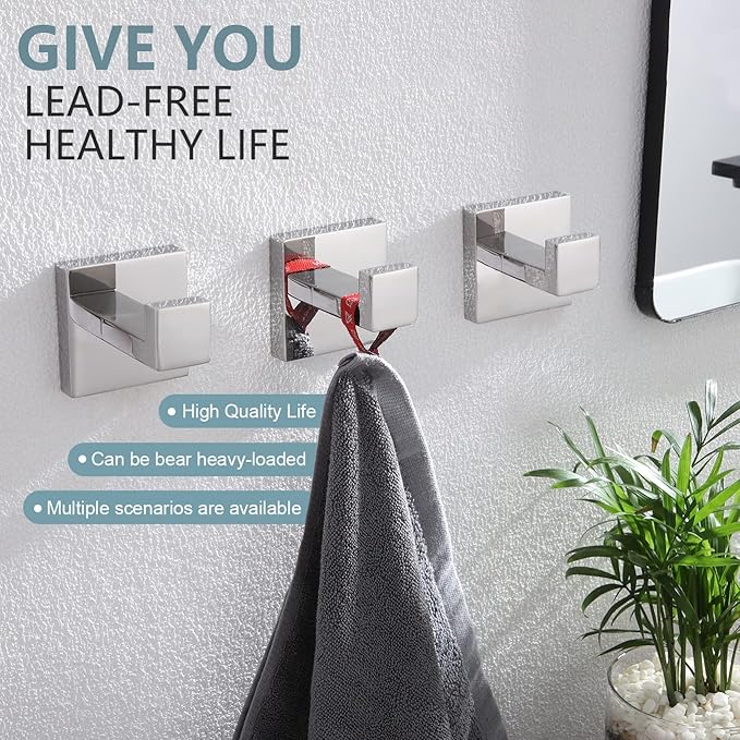 KOKOSIRI Bathoom Towel Hook Wall Mount Square Bath Robe Hook Coat Hook Kitchen Garage Heavy Duty SUS 304 Stainless Steel 3 Pack Polished Chrome B1010CH-P3
